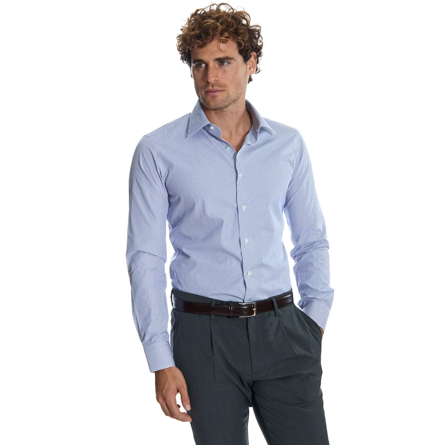 E.Marinella Camicie In Cotone|CAMICIA CLASSICA A RIGHE BIANCO E BLU SLIM In cotone popeline
