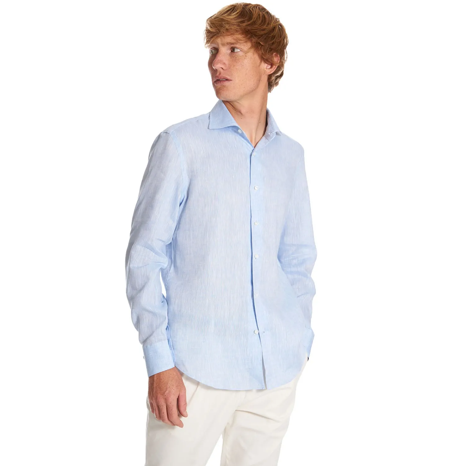 E.Marinella Camicie In Lino|CAMICIA IN LINO AZZURRA Con bottoni in madreperla