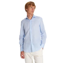 E.Marinella Camicie In Lino|CAMICIA IN LINO AZZURRA Con bottoni in madreperla