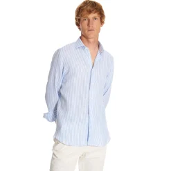 E.Marinella Camicie In Lino|CAMICIA IN LINO BIANCA E AZZURRA Rigata