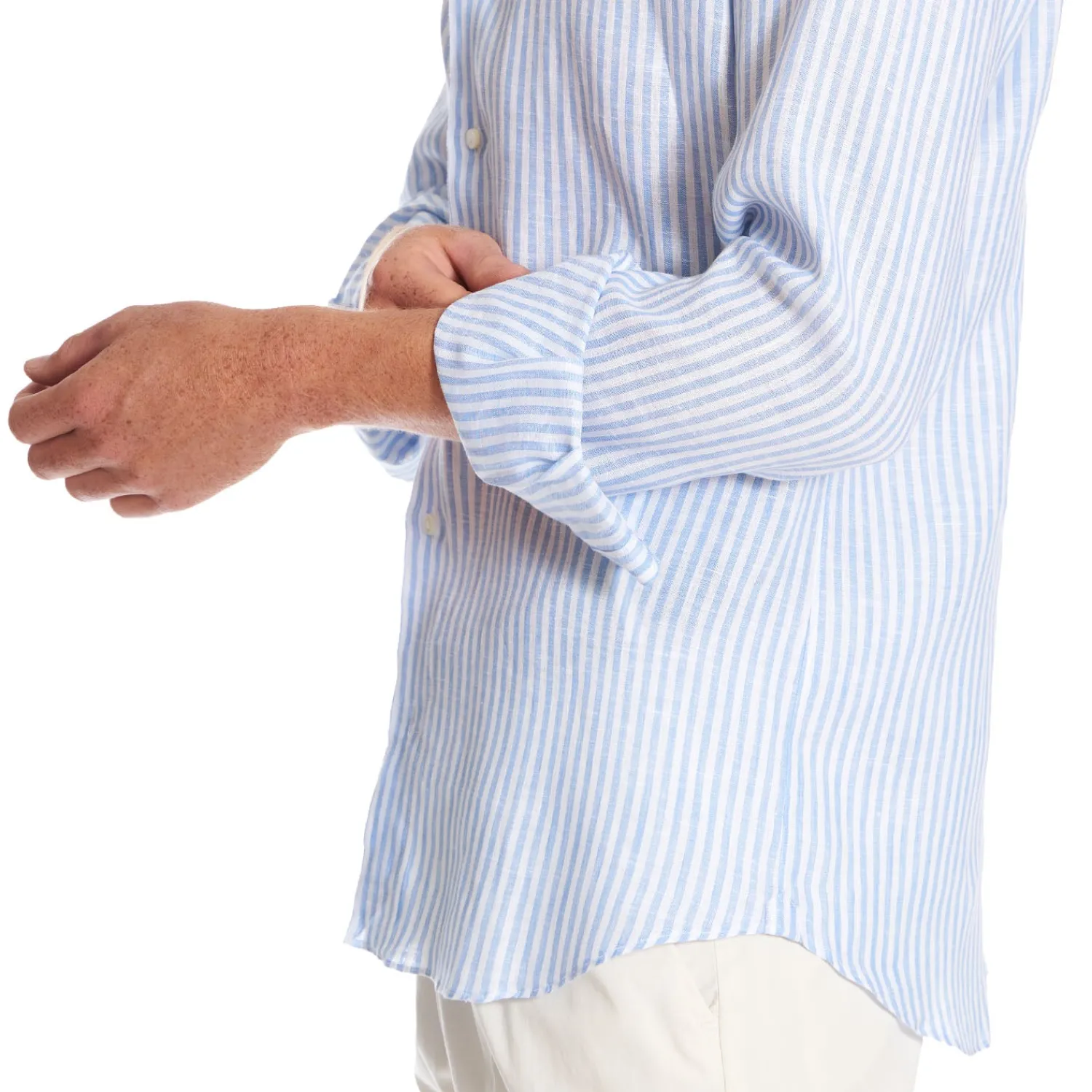 E.Marinella Camicie In Lino|CAMICIA IN LINO BIANCA E AZZURRA Rigata