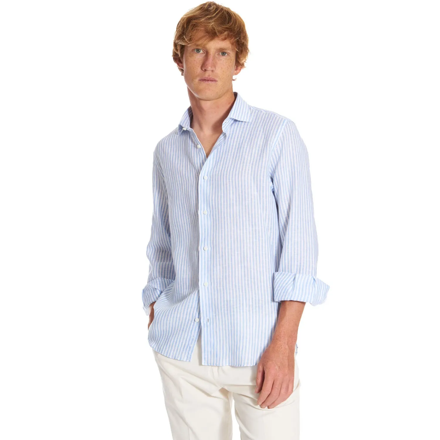 E.Marinella Camicie In Lino|CAMICIA IN LINO BIANCA E AZZURRA Rigata