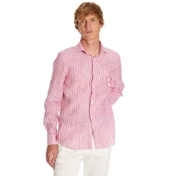 E.Marinella Camicie In Lino|CAMICIA IN LINO BIANCA E BORDEAUX Rigata