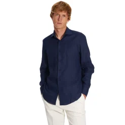 E.Marinella Camicie In Lino|CAMICIA IN LINO BLU NOTTE Con bottoni in madreperla