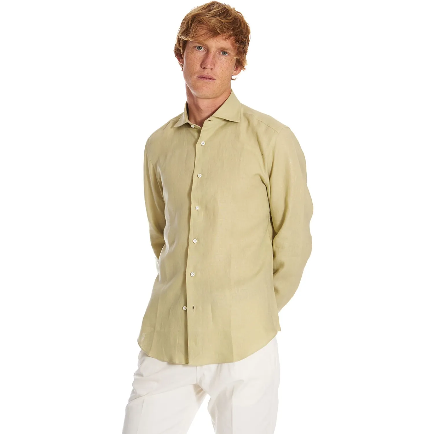 E.Marinella Camicie In Lino|CAMICIA IN LINO VERDE CHIARO Con bottoni in madreperla