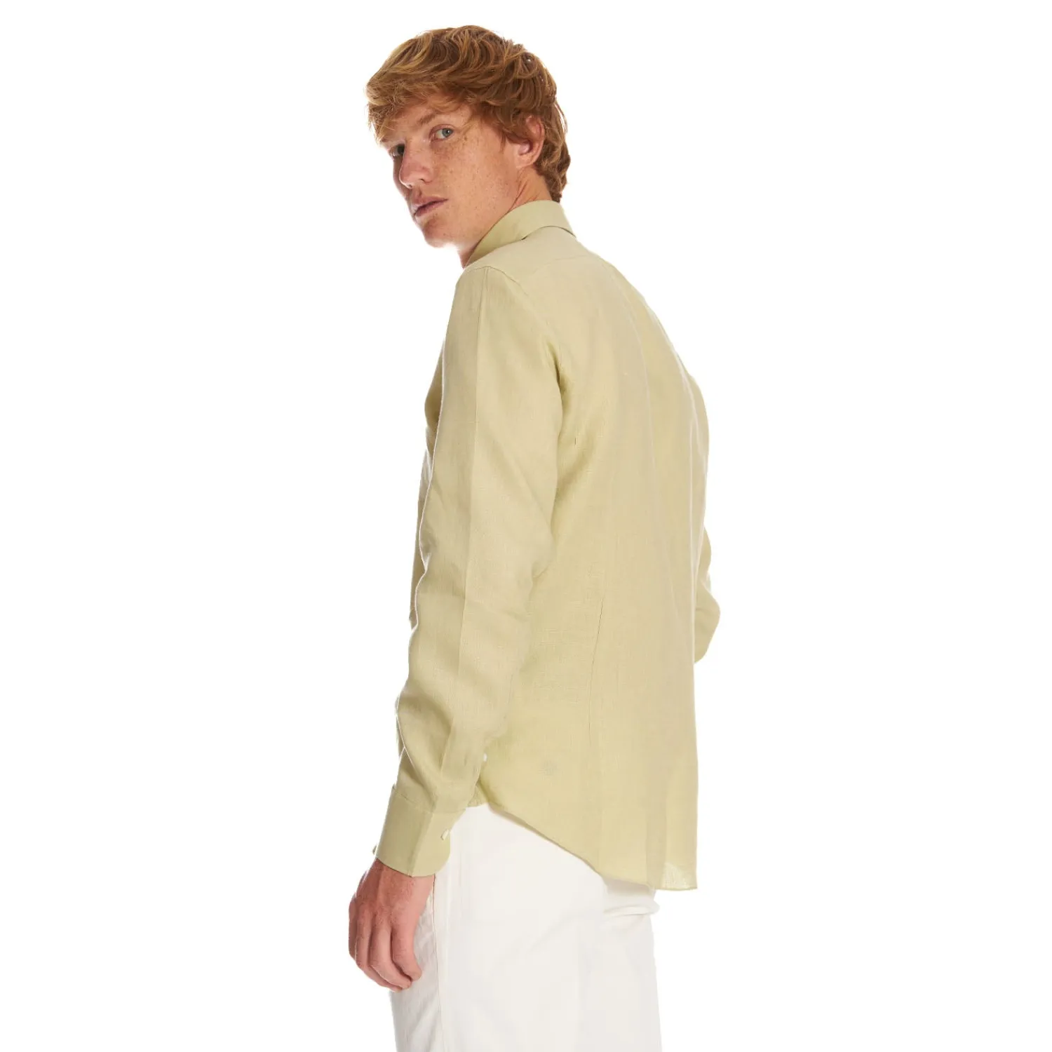 E.Marinella Camicie In Lino|CAMICIA IN LINO VERDE CHIARO Con bottoni in madreperla