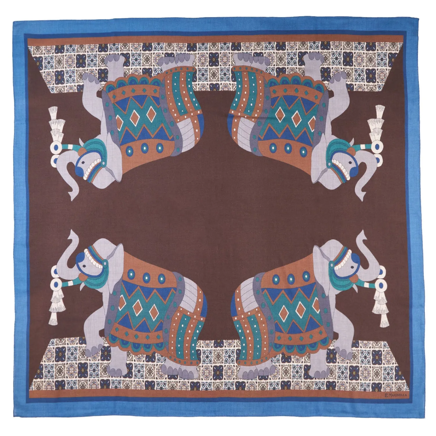 E.Marinella Sciarpe Invernali|FOULARD BLUETTE E MARRONE SCURO IN LANA Motivo etnico