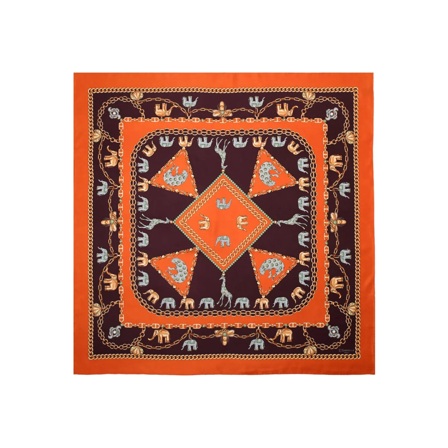 E.Marinella FOULARD|FOULARD IN SETA 90 ARANCIONE Elefanti portafortuna