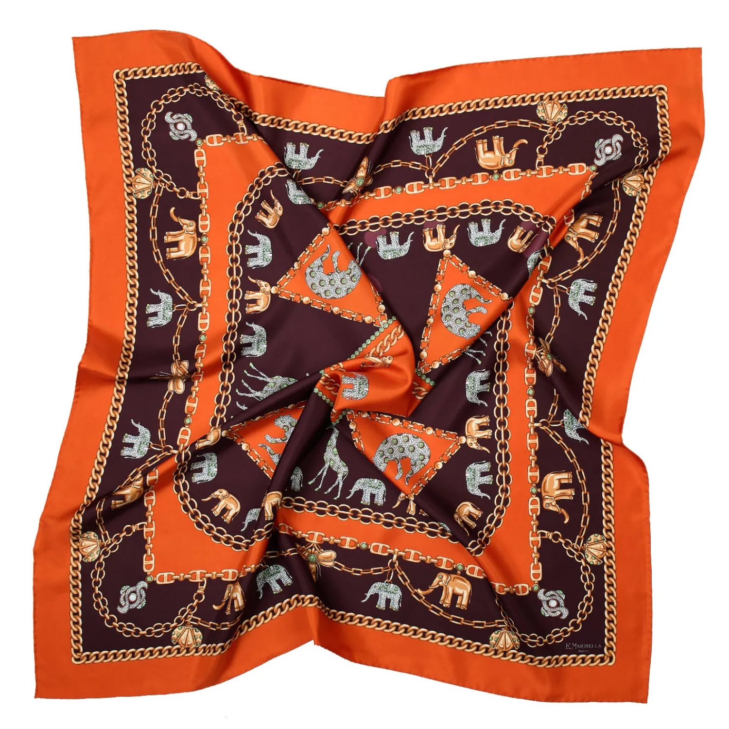 E.Marinella FOULARD|FOULARD IN SETA 90 ARANCIONE Elefanti portafortuna