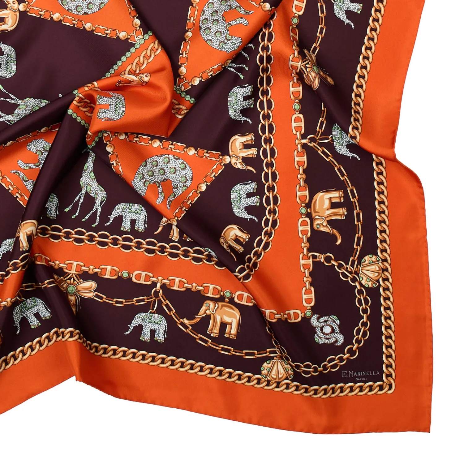 E.Marinella FOULARD|FOULARD IN SETA 90 ARANCIONE Elefanti portafortuna