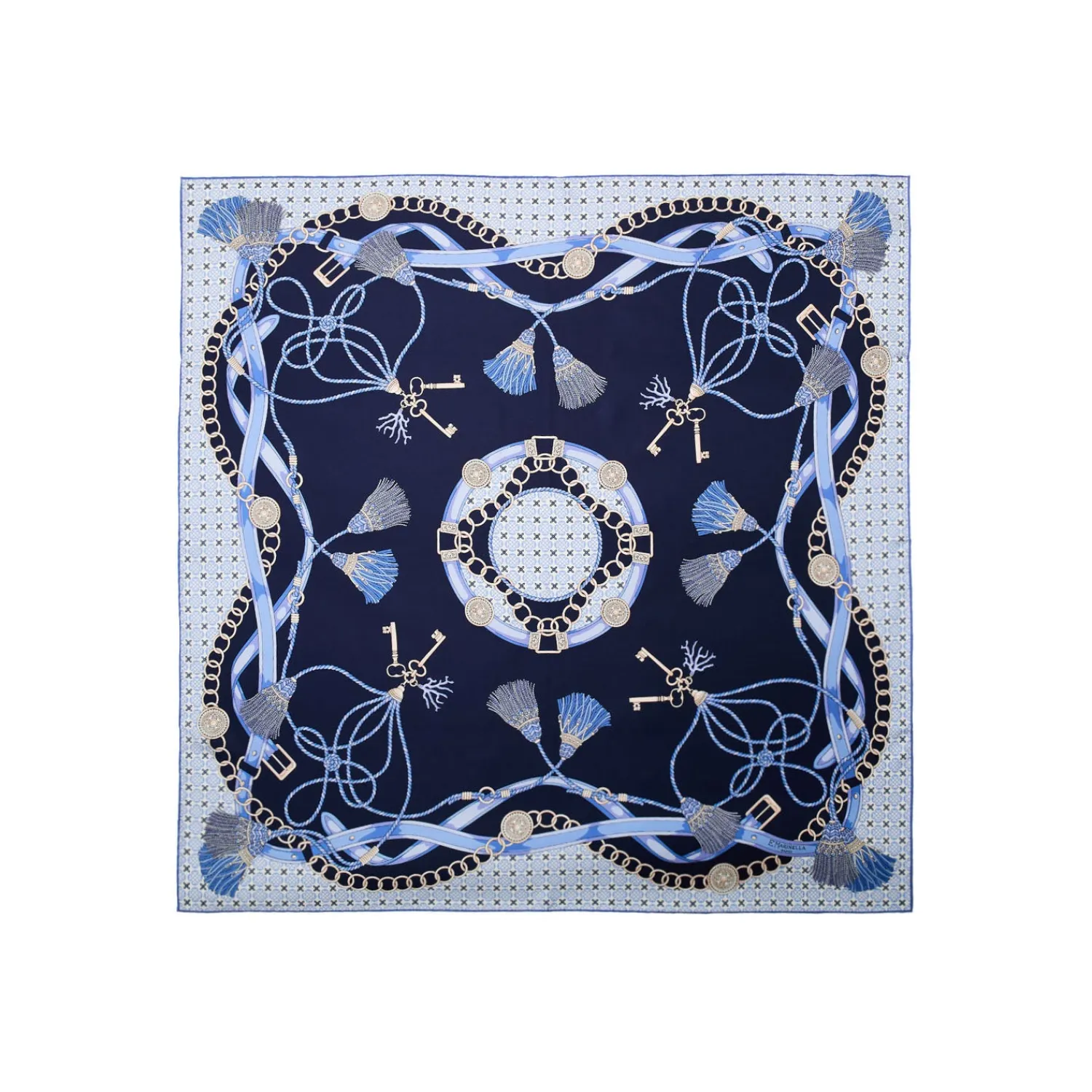 E.Marinella FOULARD|FOULARD IN SETA 90 BLU Microfantasia, nappine e chiavi