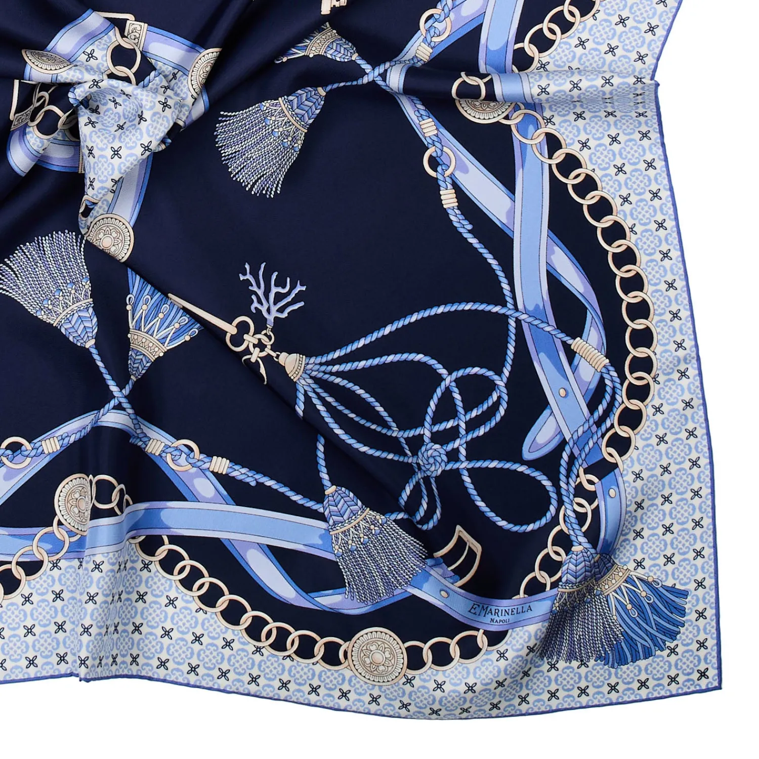 E.Marinella FOULARD|FOULARD IN SETA 90 BLU Microfantasia, nappine e chiavi