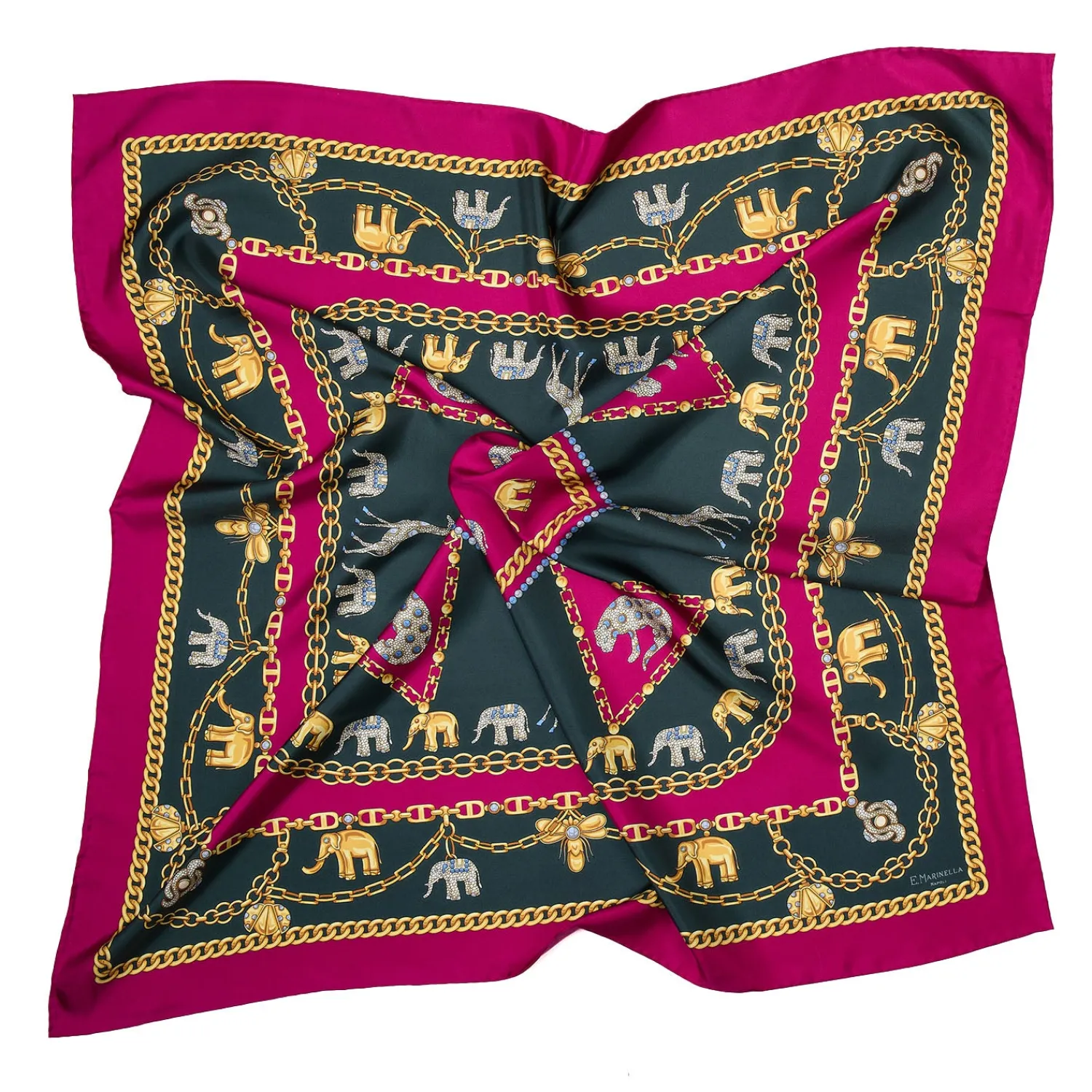 E.Marinella FOULARD|FOULARD IN SETA 90 FUCSIA Elefanti portafortuna