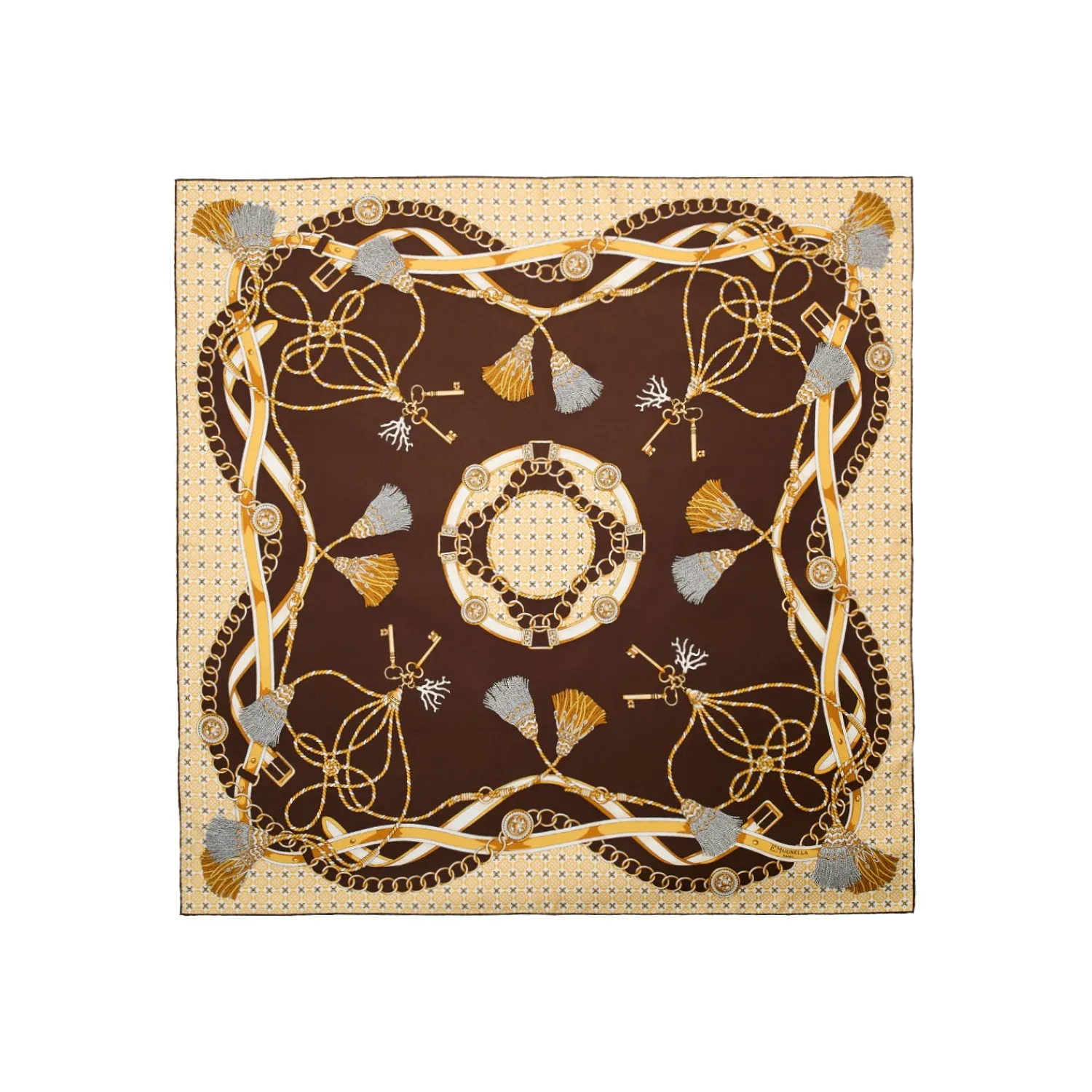 E.Marinella FOULARD|FOULARD IN SETA 90 MARRONE SCURO Microfantasia, nappine e chiavi