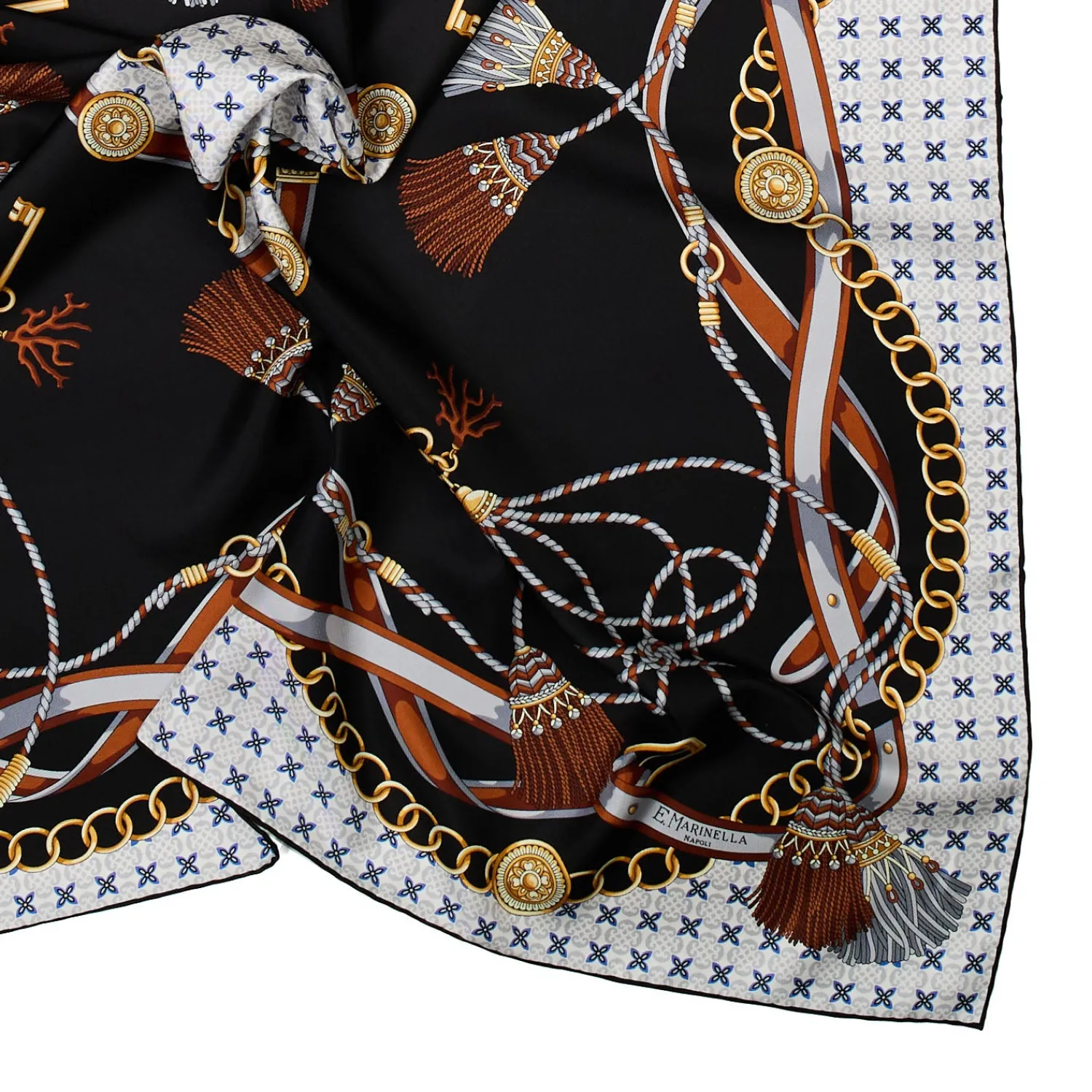 E.Marinella FOULARD|FOULARD IN SETA 90 NERO Microfantasia, nappine e chiavi