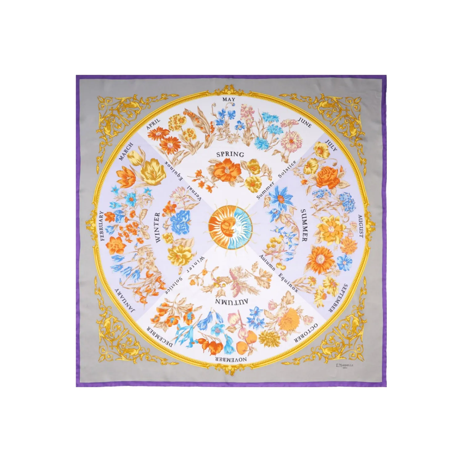 E.Marinella FOULARD|FOULARD IN SETA 90 VIOLA E TORTORA La ruota delle stagioni