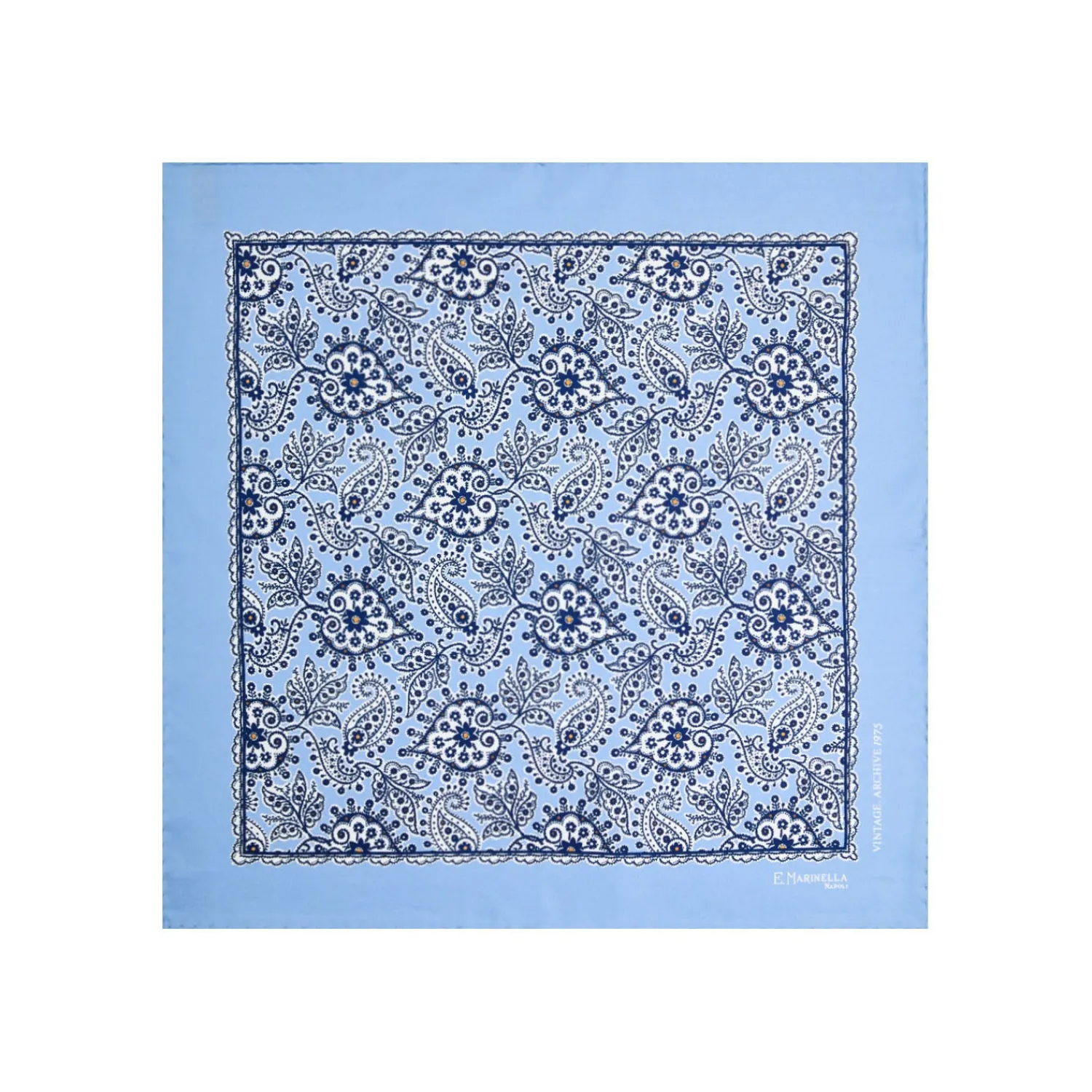 E.Marinella Pochette Da Taschino|POCHETTE DA TASCHINO IN SETA STAMPATA A MANO AZZURRA Fantasia archivio 1975