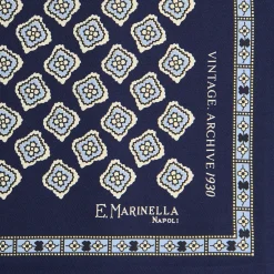 E.Marinella Pochette Da Taschino|POCHETTE DA TASCHINO IN SETA STAMPATA A MANO BLU SCURO Fantasia archivio 1930