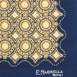 E.Marinella Pochette Da Taschino|POCHETTE DA TASCHINO IN SETA STAMPATA A MANO BLU SCURO Macrofantasia fiore