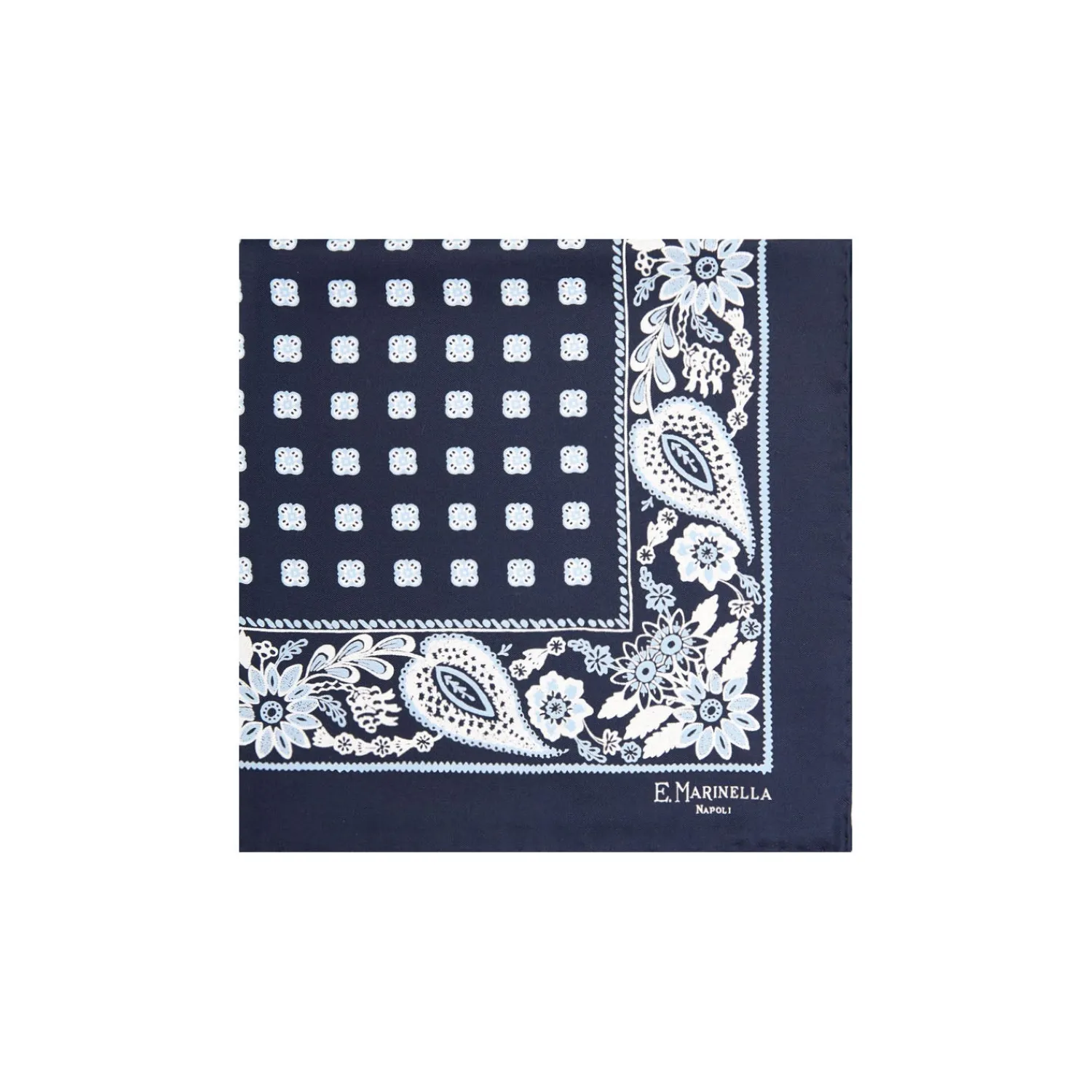 E.Marinella Pochette Da Taschino|POCHETTE DA TASCHINO IN SETA STAMPATA A MANO BLU SCURO Microfantasia fiore