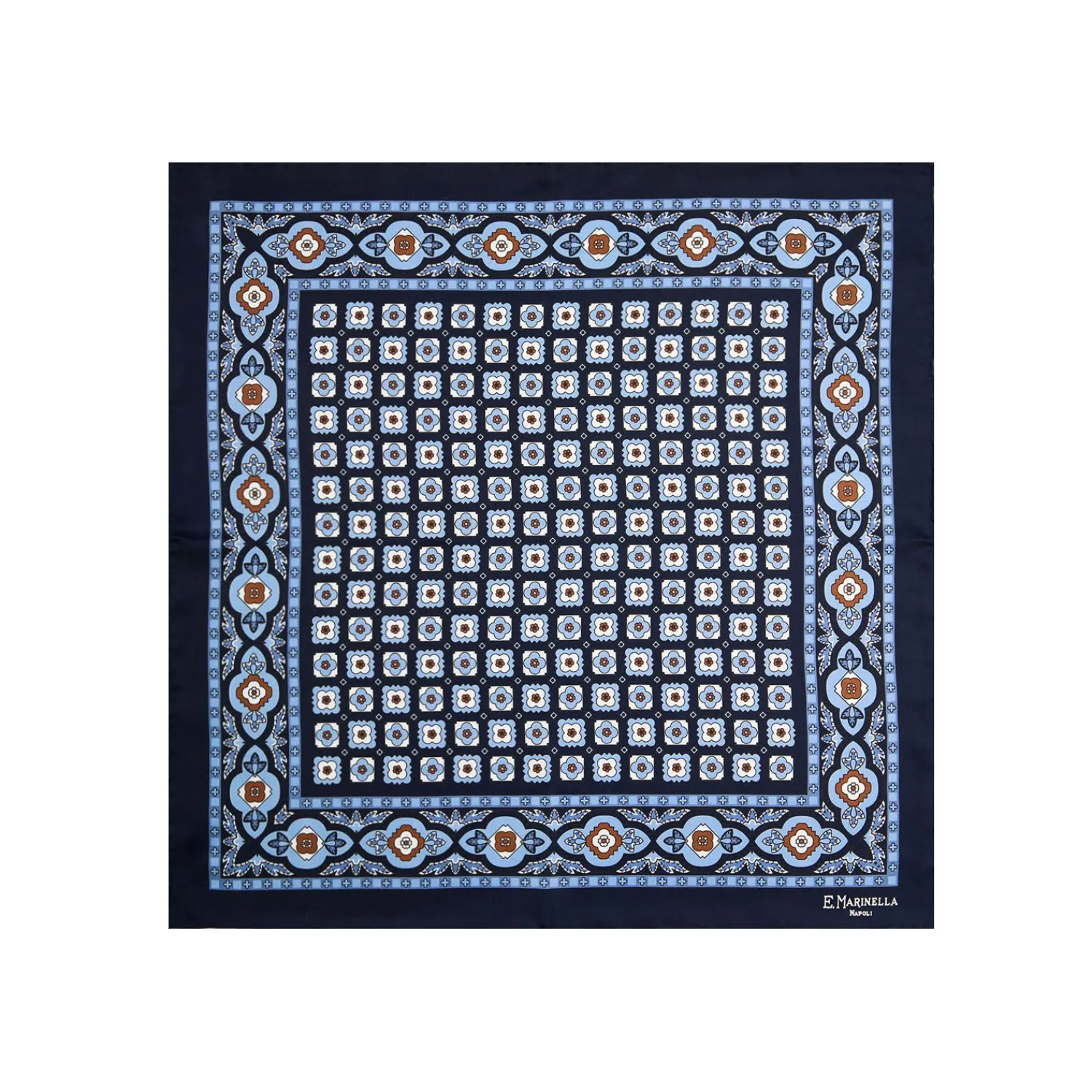 E.Marinella Pochette Da Taschino|POCHETTE DA TASCHINO IN SETA STAMPATA A MANO BLU SCURO Microfantasia fiore