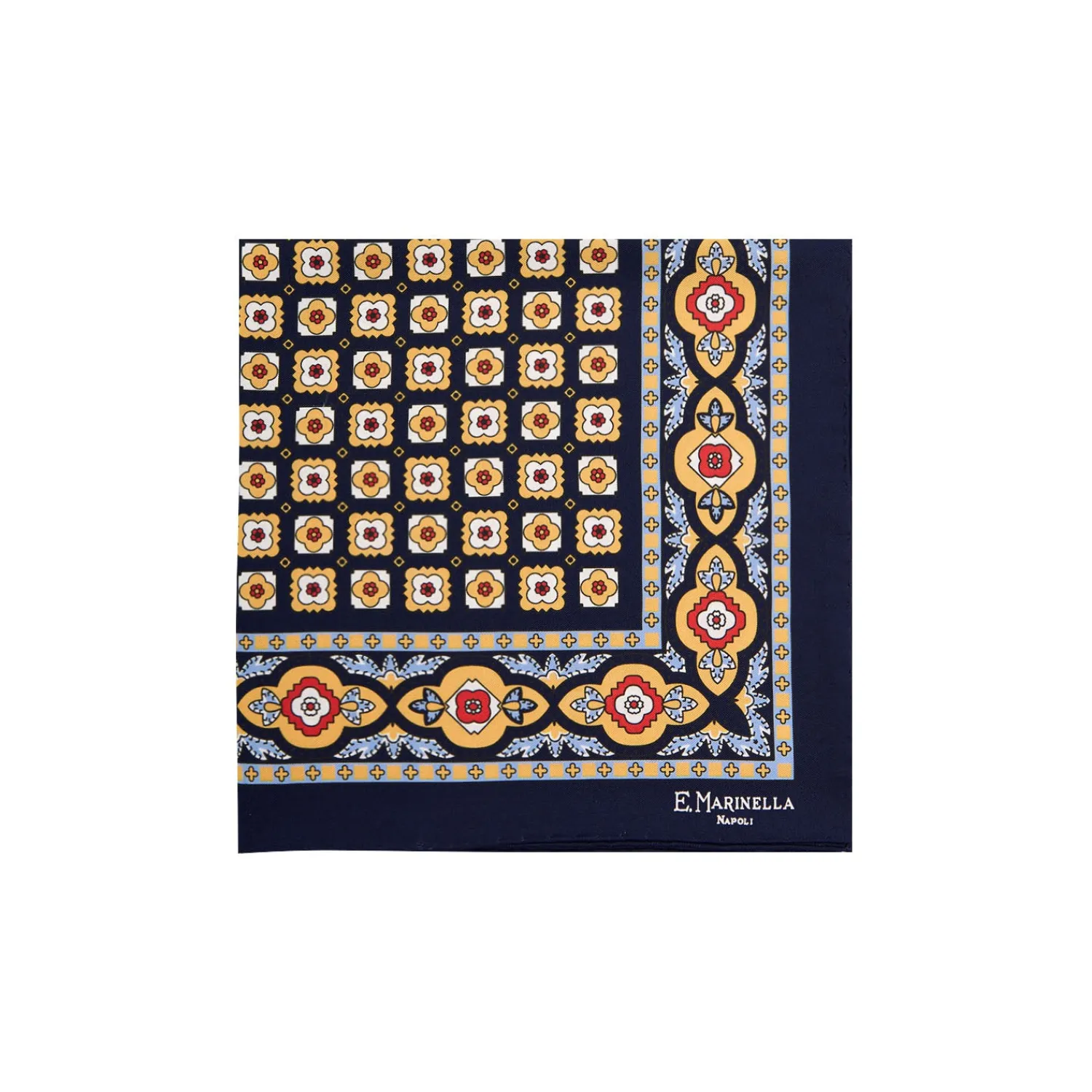 E.Marinella Pochette Da Taschino|POCHETTE DA TASCHINO IN SETA STAMPATA A MANO BLU SCURO Microfantasia fiore