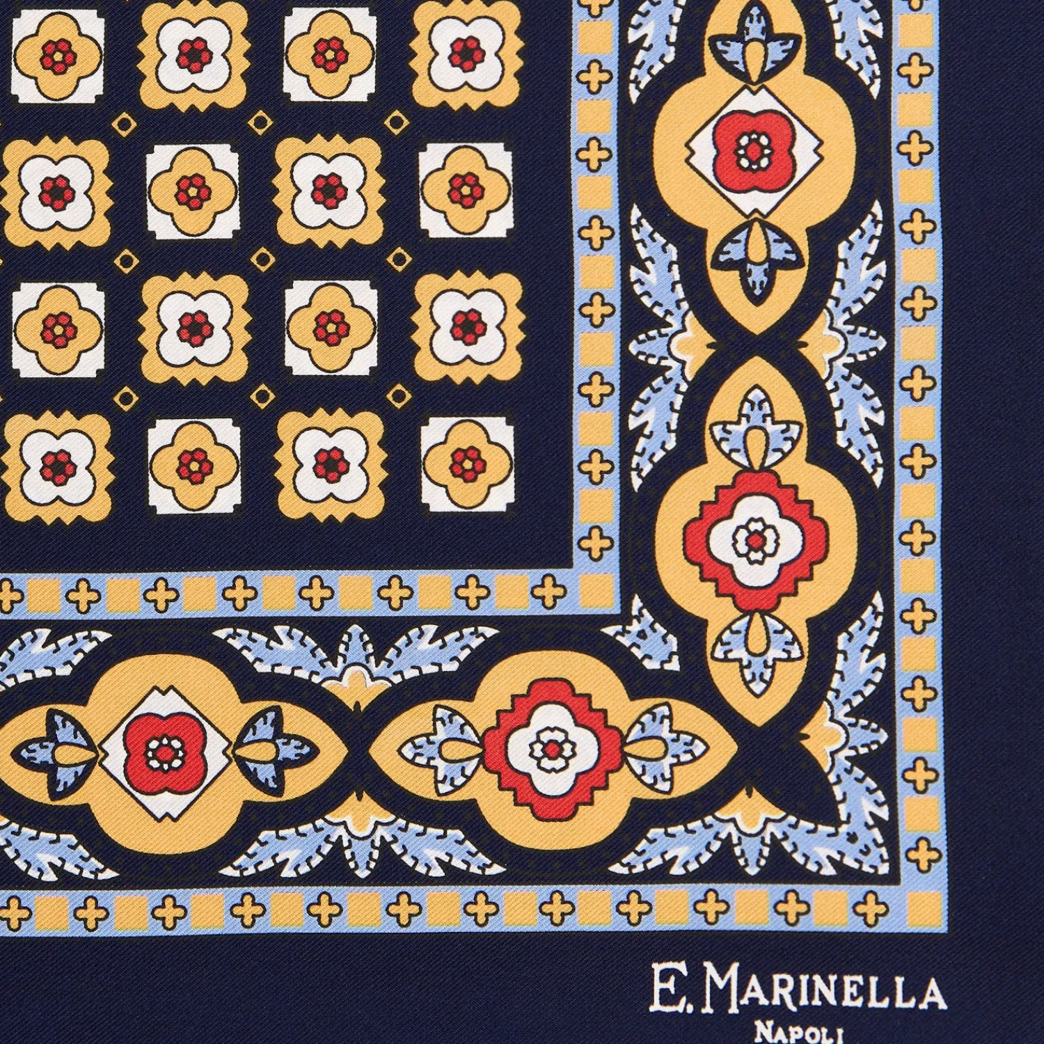 E.Marinella Pochette Da Taschino|POCHETTE DA TASCHINO IN SETA STAMPATA A MANO BLU SCURO Microfantasia fiore