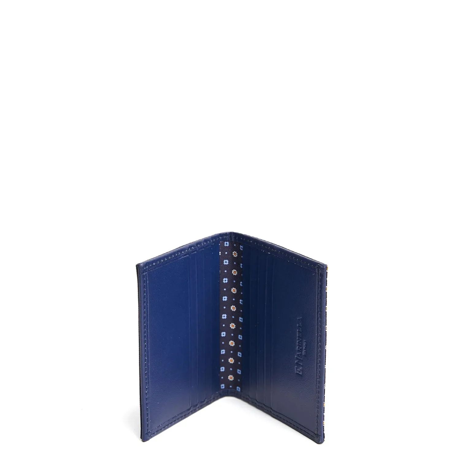 E.Marinella Porta Carte Di Credito|PORTACARTE PIEGHEVOLE IN SETA E PELLE BLU 10 scomparti