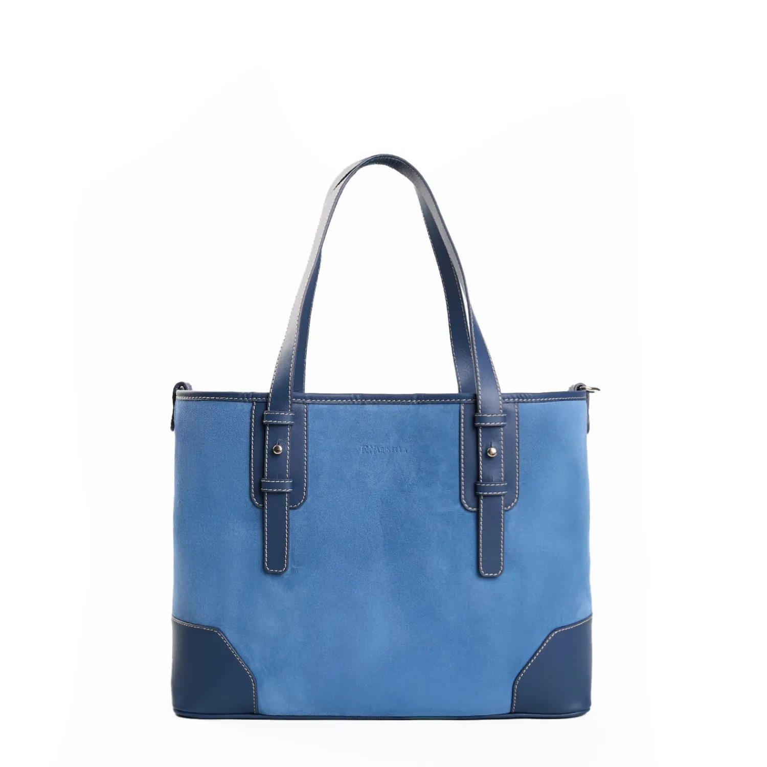 E.Marinella Tote Bag|TOTE BAG MIDI AZZURRO POLVERE In suede e pelle