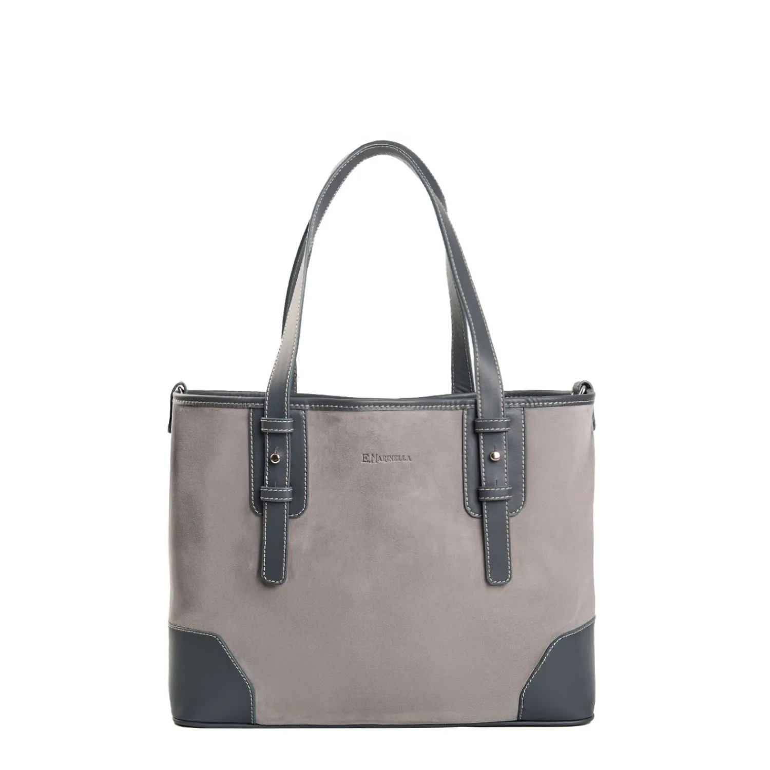 E.Marinella Tote Bag|TOTE BAG MIDI GRIGIA In suede e pelle